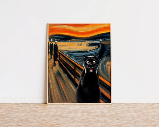 The Scream Poster, Black Cat Print: Famous Art Parody Poster, Black Cat Art, Unique Wall Art, Original Painting, Feline Decor, Cat lover