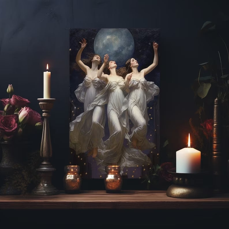 Three Witches poster, white witches print, dark wall art, gothic home decor, witchcraft, wiccan art |HIGH QUALITY POSTER| Vintage poster