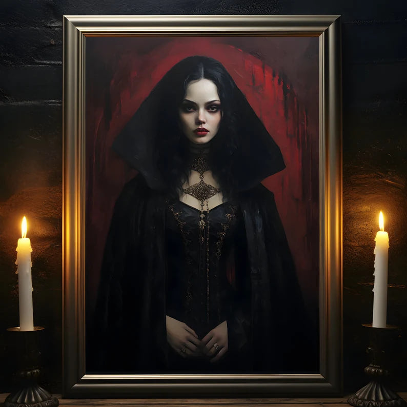 Vampire Princess, Vampire Poster, Gothic Romance, Gothic Art Print, Dracula, Halloween Decor, Oil Painting Print, Vintage Portrait