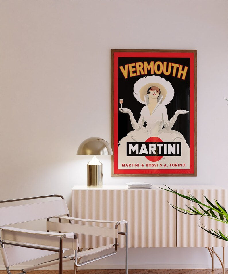 Vermouth Martini Poster, Retro cart print, Classic Cocktail Art, Happy Hour Decor, Vintage Bar Print, Original Wall Art, Bar Lounge Decor