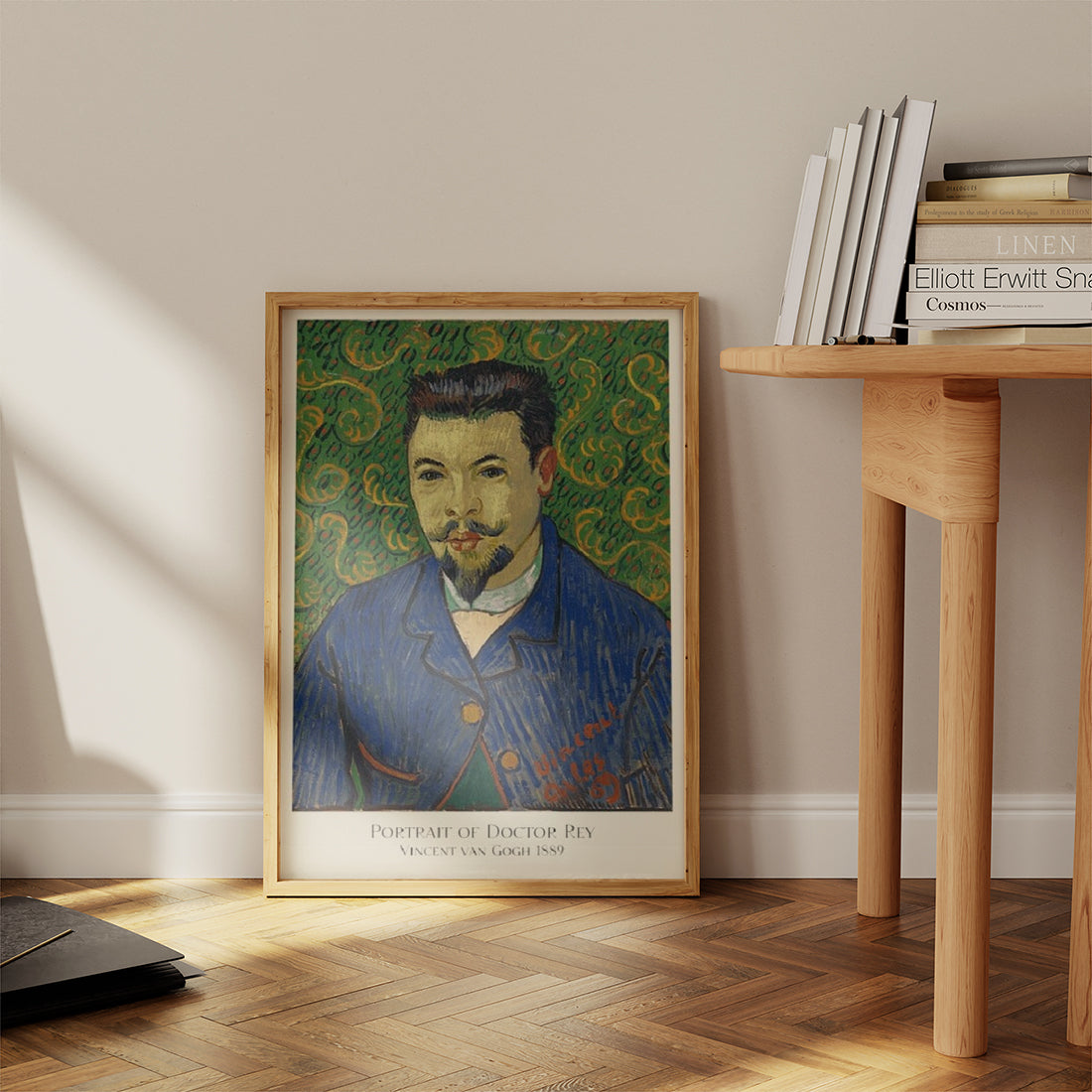 This Van Gogh "Portrait of Doctor Rey" poster, beautifully framed and resting against a wall, adds a touch of classic art to your interior decor. The vivid colors and intricate patterns bring life to any room. This art print is ideal for those looking to buy posters that elevate their living space, making it a great addition to any home gallery wall.