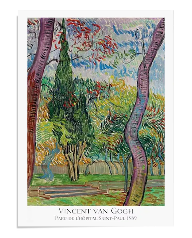 The third image provides a close-up view of the Van Gogh poster. This detailed shot emphasizes the rich texture and vivid colors of the print, showcasing the intricate brushstrokes that bring the garden scene to life. The painting features two prominent, twisted trees in the foreground, with lush greenery and vibrant red accents scattered throughout the scene. The sky is painted in swirling shades of blue, typical of Van Gogh's dynamic style. The caption at the bottom of the poster reads "Vincent van Gogh, 