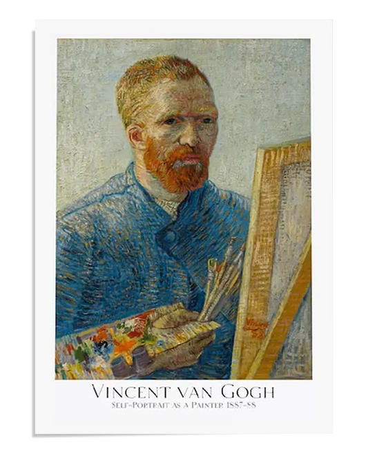 A stunning Van Gogh self-portrait poster, capturing the artist in deep concentration with a palette and brushes. The vivid blues and textured strokes make this Van Gogh art reproduction a perfect addition to any home gallery wall. Ideal for art lovers, this iconic piece of wall art enhances your home decor and serves as a meaningful gift.