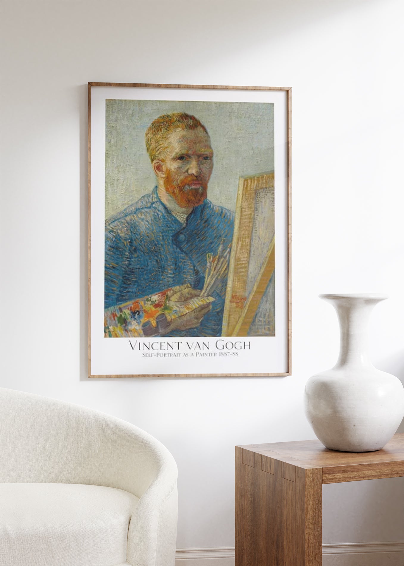 Displayed in a minimalist setting, this Van Gogh self-portrait poster is beautifully framed, adding elegance to any room. The expressive brushwork contrasts with modern decor, creating a balanced aesthetic. Perfect for enriching your living space or as a thoughtful housewarming gift, this Van Gogh reproduction is a timeless piece.