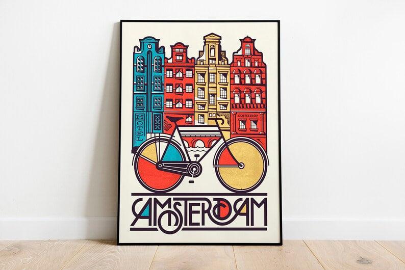 Vintage Amsterdam Poster, Classic Dutch Print, City Wall Art, Classic bicycle paint, Dutch Art Print, Amsterdam Home Decor, Travel Artwork,  wall art, print, poster, Housewarming, home decor, girl, art print, art, aesthetic, Gifts, Vintage, Vintage Poster, Vintage Wall Art
