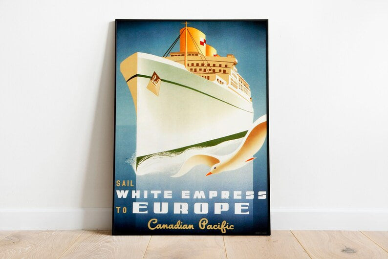 Vintage Art Deco Steamship Ocean Liner Travel Poster, Canadian Pacific, Sail to Europe, White Empress, Retro Voyage Decor Cruise Print  wall art, print, poster, Housewarming, home decor, girl, art print, art, aesthetic, Gifts, Vintage, Vintage Poster, Vintage Wall Art