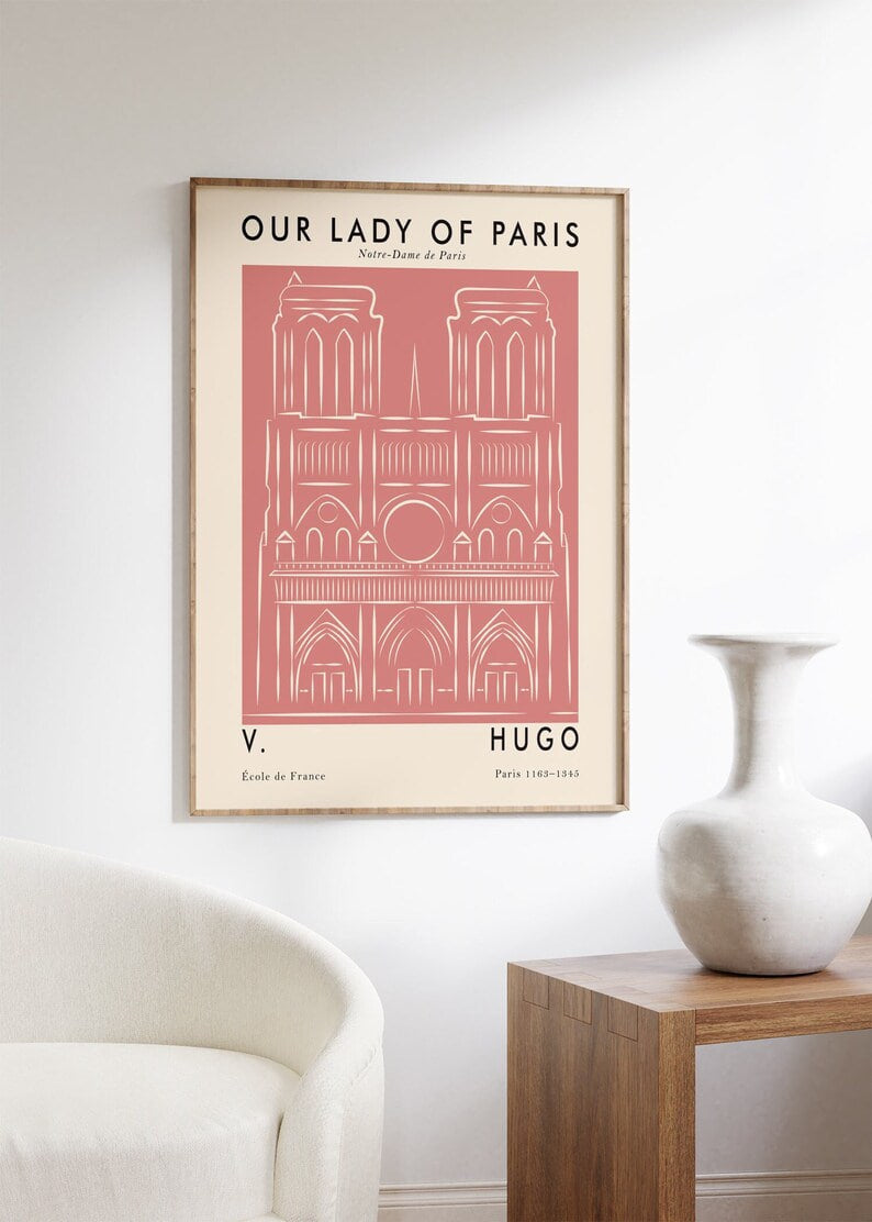 Vintage Paris Poster, Notre Dame Painting, Minimalist Style Wall Art, Boho Home Decor, beige colors, Aesthetics Wall Art, Modern Wall Art