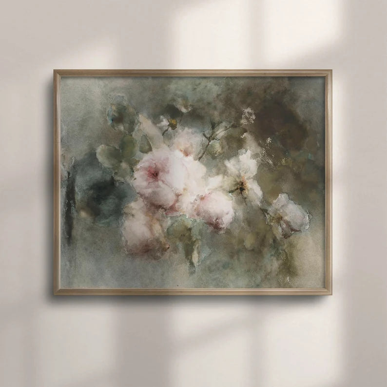 Abstract painting of romantic light pink roses on an olive green or dark green background. Vintage Roses Oil Painting, Antique Floral Art Print, Neutral Flower Still Life, Roses Wall Decor, Roses Painting, Floral art