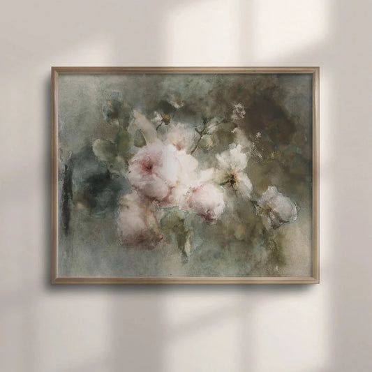 Abstract painting of romantic light pink roses on an olive green or dark green background. Vintage Roses Oil Painting, Antique Floral Art Print, Neutral Flower Still Life, Roses Wall Decor, Roses Painting, Floral art