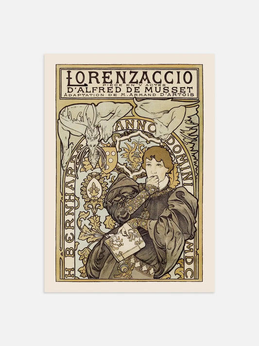 Vintage wall art by Alphonse Mucha poster, brown beige colors, old advertisement for a theatre company in 19th century, vintage home decor print.