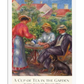 An Impressionist painting depicting a man and woman sitting at a table in a garden. The woman in a red dress pours tea while the man, wearing a hat, enjoys the drink. A dog sits nearby as flowers and greenery fill the background, creating a peaceful, outdoor scene. The soft brushstrokes and vibrant colors bring a sense of warmth and serenity to the composition.