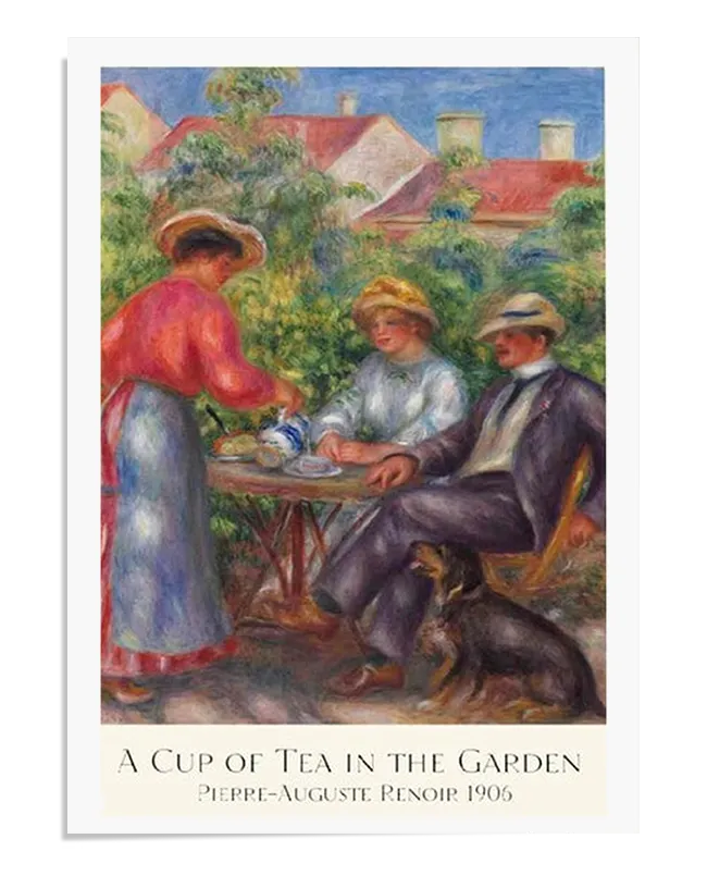 An Impressionist painting depicting a man and woman sitting at a table in a garden. The woman in a red dress pours tea while the man, wearing a hat, enjoys the drink. A dog sits nearby as flowers and greenery fill the background, creating a peaceful, outdoor scene. The soft brushstrokes and vibrant colors bring a sense of warmth and serenity to the composition.