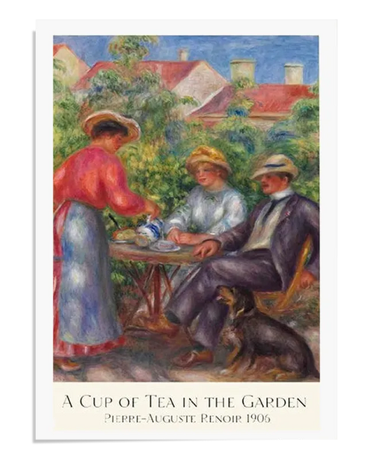 An Impressionist painting depicting a man and woman sitting at a table in a garden. The woman in a red dress pours tea while the man, wearing a hat, enjoys the drink. A dog sits nearby as flowers and greenery fill the background, creating a peaceful, outdoor scene. The soft brushstrokes and vibrant colors bring a sense of warmth and serenity to the composition.