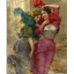 A classical painting depicting two elegantly dressed women on a windy cobblestone street. They laugh as their scarves and skirts lift in the breeze, surrounded by swirling autumn leaves. The rich colors and dynamic composition give the scene a lively and joyful atmosphere.

