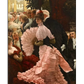A Victorian-era oil painting depicting a lavish ballroom scene. A woman in a pink ruffled gown with a matching feathered hat and gloves holds a delicate fan while standing gracefully among an elegantly dressed crowd. The background features chandeliers, ornate decor, and finely dressed guests engaged in conversation. The artwork showcases rich textures and a warm, atmospheric light.

