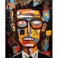 A contemporary abstract portrait print featuring a stylized face with bold geometric shapes, vivid colors, and expressive brushstrokes. The dark background and dynamic details create a striking modern aesthetic.