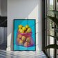 Framed artwork of a colorful bag of fruit in a modern kitchen.