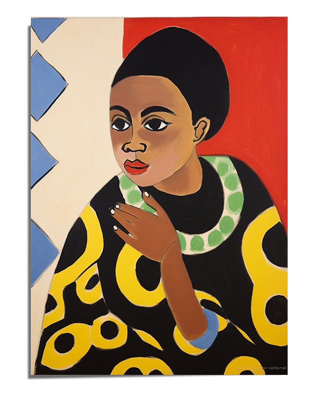 A stylized portrait of an African woman with geometric facial features, large expressive eyes, and red lips. She wears a black tunic decorated with bold yellow circular patterns and a green beaded necklace. Her hand rests near her face in a contemplative pose. The background is composed of abstract geometric blocks of red, white, and blue, adding depth and contrast