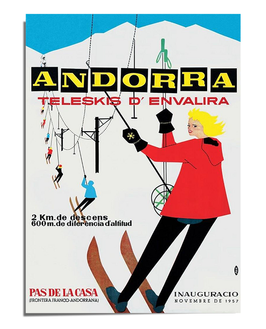 A vintage ski poster promoting Andorra’s Teleskis d’Envalira. The artwork features a blonde woman in a red ski outfit and black gloves, holding onto a ski lift while looking back with a confident expression. In the background, snow-covered mountains, ski lifts, and small skiers in colorful outfits add depth to the scene. The typography is bold and vintage, with "ANDORRA" written in large yellow letters at the top. The poster includes details about the ski slopes and an inauguration date from the 1950s, givi