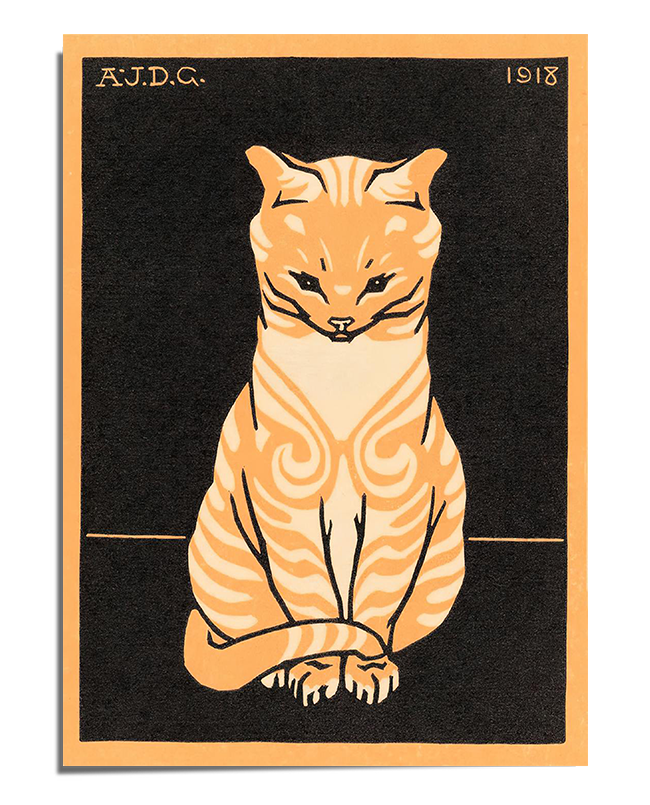 A vintage illustration of an orange cat sitting gracefully with its tail curled around its front paws. The cat has swirling, decorative patterns on its fur and a confident gaze. The background is solid black, creating a striking contrast. The top corners display the text "A.J.D.G. 1913," adding to the historical and artistic charm of the piece.