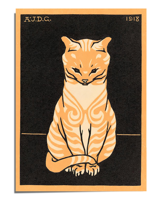 A vintage illustration of an orange cat sitting gracefully with its tail curled around its front paws. The cat has swirling, decorative patterns on its fur and a confident gaze. The background is solid black, creating a striking contrast. The top corners display the text "A.J.D.G. 1913," adding to the historical and artistic charm of the piece.