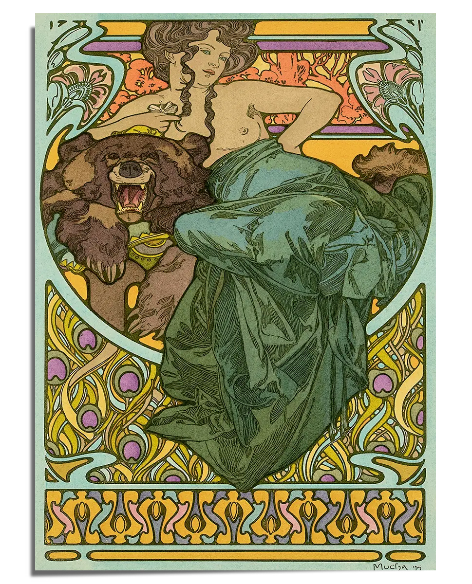 An Art Nouveau illustration featuring a woman with flowing dark hair, draped in a flowing green gown, gracefully posing with a roaring brown bear. The intricate background includes swirling floral and geometric patterns in shades of gold, pink, and blue. The artwork has a bold yet elegant composition, with highly decorative elements framing the central figures.