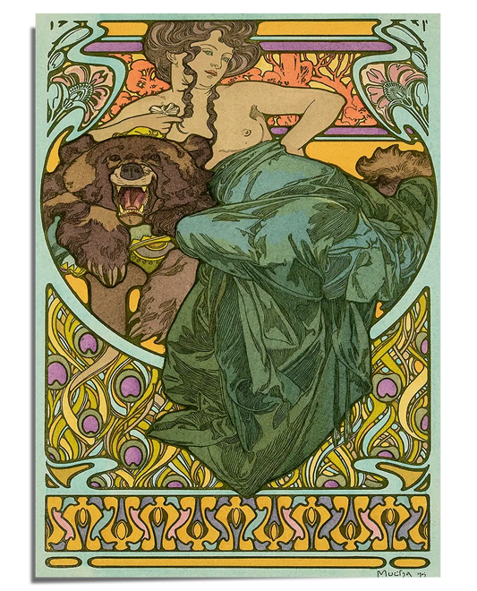 An Art Nouveau illustration featuring a woman with flowing dark hair, draped in a flowing green gown, gracefully posing with a roaring brown bear. The intricate background includes swirling floral and geometric patterns in shades of gold, pink, and blue. The artwork has a bold yet elegant composition, with highly decorative elements framing the central figures.