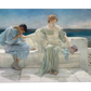 A Neoclassical oil painting depicting a young woman in a flowing pale green gown sitting on a white marble bench. She gently pulls her hand away from a man seated beside her, who leans forward with his head bowed, holding her hand in sorrow. The background features a deep blue Mediterranean sea, adding to the tranquil yet melancholic mood of the scene.