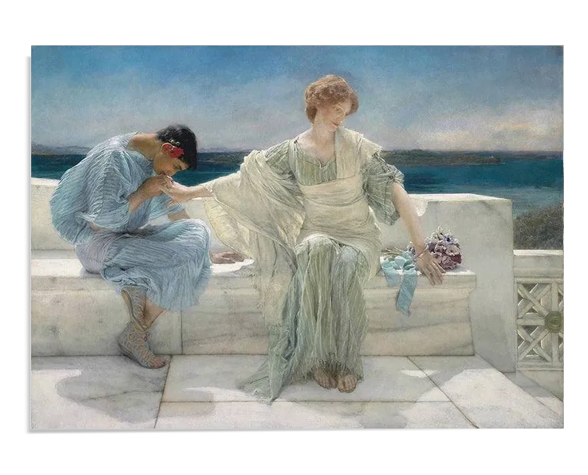 A Neoclassical oil painting depicting a young woman in a flowing pale green gown sitting on a white marble bench. She gently pulls her hand away from a man seated beside her, who leans forward with his head bowed, holding her hand in sorrow. The background features a deep blue Mediterranean sea, adding to the tranquil yet melancholic mood of the scene.