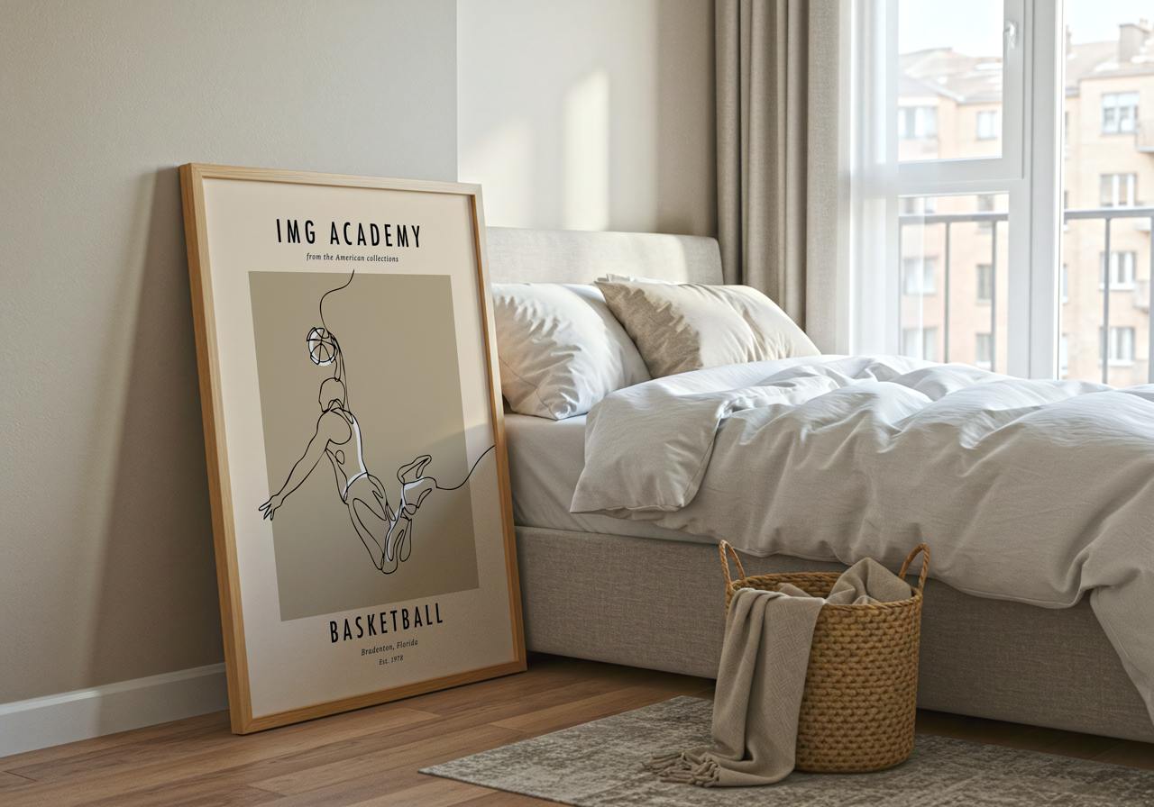 Framed artwork of a basketball player on a wall in a bedroom with a bed and basket.