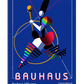 A Bauhaus-style poster commemorating 100 years of the Bauhaus movement from 1919 to 2019. The artwork features an abstract humanoid figure made of geometric shapes in bold colors, including a rainbow gradient on the head. The figure holds a long golden staff and is surrounded by a circular golden ring with intersecting red and white lines. The background is a deep blue, contrasting with the vibrant elements. The word "Bauhaus" appears at the bottom in a modernist font, accompanied by the text "Bauhaus 100 a