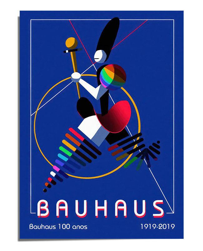 A Bauhaus-style poster commemorating 100 years of the Bauhaus movement from 1919 to 2019. The artwork features an abstract humanoid figure made of geometric shapes in bold colors, including a rainbow gradient on the head. The figure holds a long golden staff and is surrounded by a circular golden ring with intersecting red and white lines. The background is a deep blue, contrasting with the vibrant elements. The word "Bauhaus" appears at the bottom in a modernist font, accompanied by the text "Bauhaus 100 a