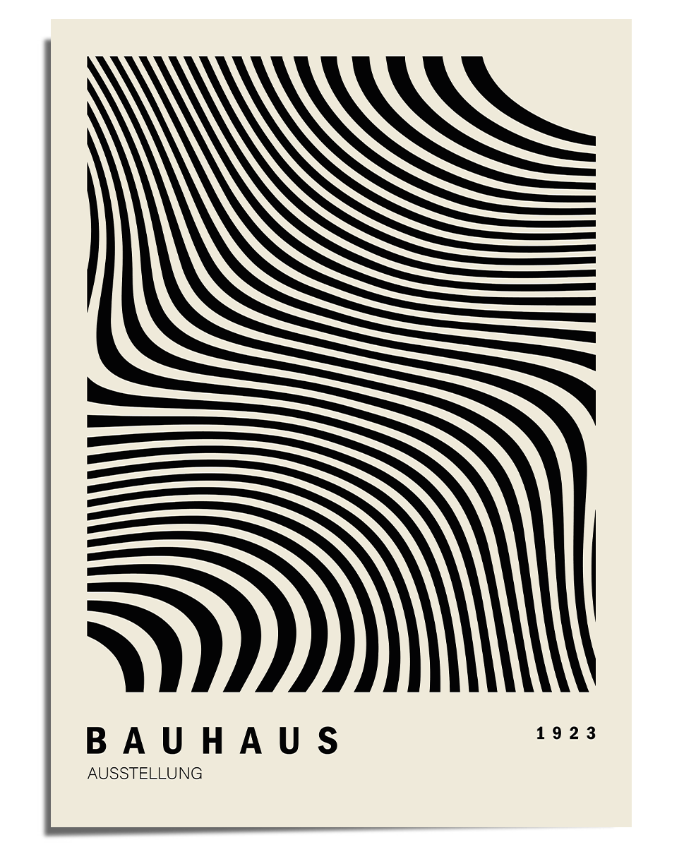 A black and white Bauhaus-style poster with curved, flowing lines that create an optical illusion of movement. The abstract design is complemented by simple text at the bottom reading "Bauhaus Ausstellung 1923" in a modernist typeface. The composition emphasizes geometric balance and visual impact, characteristic of Bauhaus and optical art influences.