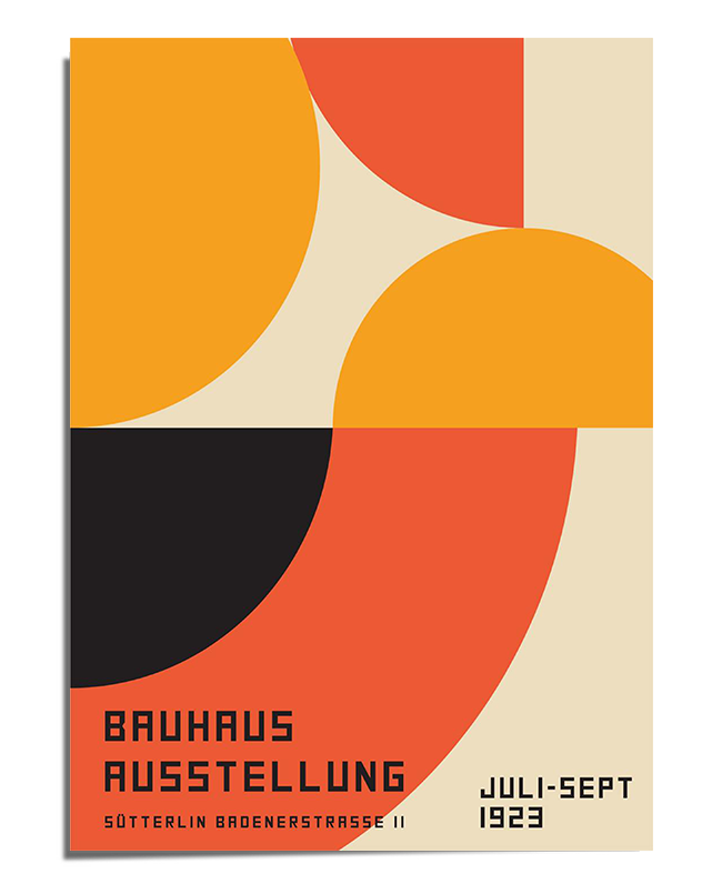 A modernist poster with an abstract geometric design featuring overlapping circles and curved shapes in orange, red, black, and beige. The lower section includes the text "Bauhaus Ausstellung Sütterlin Badenerstrasse II Juli-Sept 1923" in a structured, Bauhaus-inspired typeface. The bold colors and minimalistic composition reflect the Bauhaus movement's emphasis on design, form, and function.