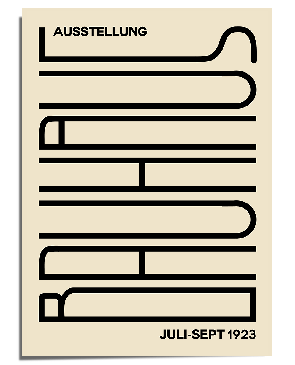 A modernist Bauhaus-style poster with a beige background and bold black typography. The word "Bauhaus" is displayed vertically in a continuous line style, creating a structured and geometric effect. The top left corner includes the word "Ausstellung," while the bottom right corner reads "Juli-Sept 1923," referencing the famous Bauhaus exhibition. The design emphasizes minimalism, functionality, and avant-garde typography.