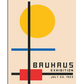 A modernist poster with a geometric abstract design featuring a large yellow circle, intersecting black and blue lines, and a red rectangle on a beige background. The text "Bauhaus Exhibition July 23, 1923" is positioned at the bottom in a structured, Bauhaus-inspired font. The composition reflects the Bauhaus movement’s emphasis on minimalism, balance, and functional design.