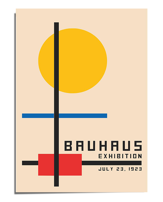 A modernist poster with a geometric abstract design featuring a large yellow circle, intersecting black and blue lines, and a red rectangle on a beige background. The text "Bauhaus Exhibition July 23, 1923" is positioned at the bottom in a structured, Bauhaus-inspired font. The composition reflects the Bauhaus movement’s emphasis on minimalism, balance, and functional design.