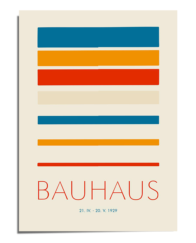 A Bauhaus-inspired poster with horizontal color blocks in varying shades of blue, orange, red, and beige. The word "Bauhaus" is written at the bottom in a thin, modern font. The design is structured and clean, reflecting the minimalist and functional style of the Bauhaus movement.