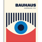 A Bauhaus-inspired poster featuring an abstract eye design with a blue circular center, surrounded by vertical navy blue lines resembling eyelashes. The lower portion is filled with a bold red shape, contrasting against a cream-colored background. The text "Bauhaus Ausstellung 1923" is placed in the upper right corner, complementing the structured and minimalist design.