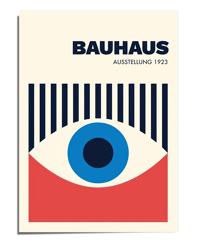 A Bauhaus-inspired poster featuring an abstract eye design with a blue circular center, surrounded by vertical navy blue lines resembling eyelashes. The lower portion is filled with a bold red shape, contrasting against a cream-colored background. The text "Bauhaus Ausstellung 1923" is placed in the upper right corner, complementing the structured and minimalist design.