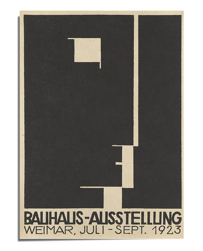 A Bauhaus-style poster with a bold black and beige geometric design. The abstract composition consists of rectangular shapes forming an architectural layout. At the bottom, the text reads "Bauhaus-Ausstellung Weimar, Juli - Sept. 1923" in a modernist font, emphasizing the exhibition details. The design reflects the principles of simplicity, functionality, and innovation characteristic of the Bauhaus movement.