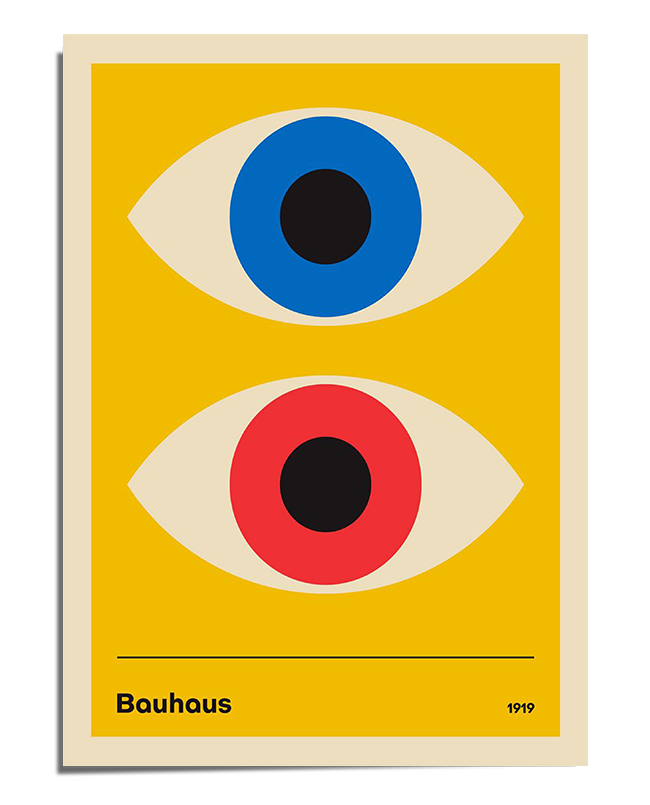 A Bauhaus-inspired poster with a yellow background featuring two large stylized eyes. The top eye has a blue iris with a black pupil, while the bottom eye has a red iris with a black pupil. The eyes are symmetrically aligned, creating a balanced composition. At the bottom, there is a black horizontal line with the word "Bauhaus" on the left and "1919" on the right.