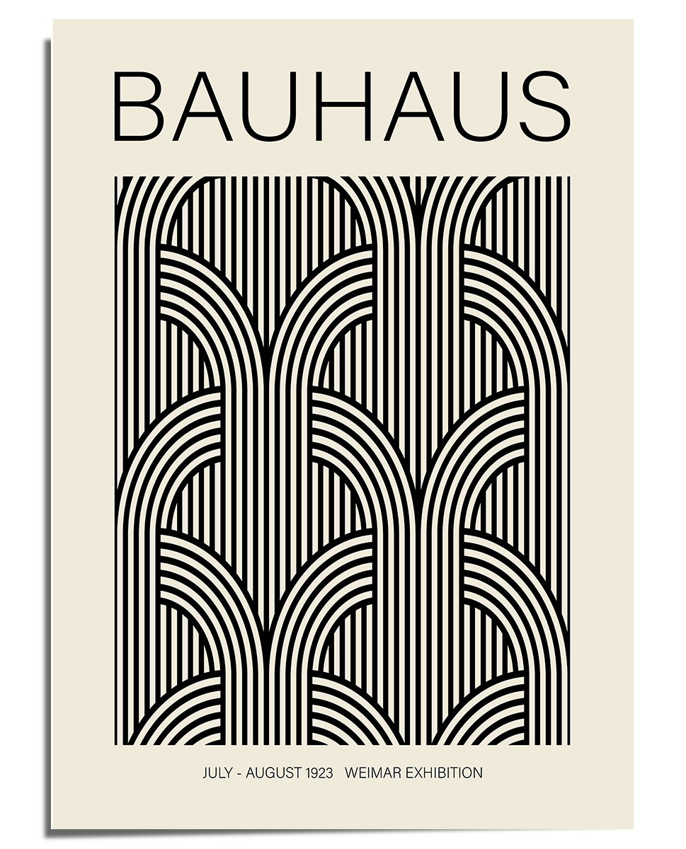 A modernist black-and-white poster featuring the word "Bauhaus" in bold, uppercase letters at the top. Below, an intricate geometric pattern of repeating arches and parallel lines creates a visually dynamic composition. The bottom section contains small text reading "July - August 1923 Weimar Exhibition," referencing the historical Bauhaus event. The overall design is minimalist, structured, and aligned with the Bauhaus movement’s clean, functional aesthetic.

