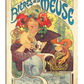 A vintage Art Nouveau poster featuring a woman with flowing golden hair adorned with red flowers and a crown of wheat. She holds a glass of beer in her hand while gazing dreamily into the distance. The swirling lettering at the top reads "Bières de la Meuse," curving around decorative botanical elements. The lower section of the poster includes a detailed illustration of a brewery, framed by ornamental designs