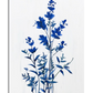 A minimalist botanical art print featuring blue flowers painted in a watercolor style against a white background. The soft brushstrokes and delicate composition create a serene and elegant aesthetic.