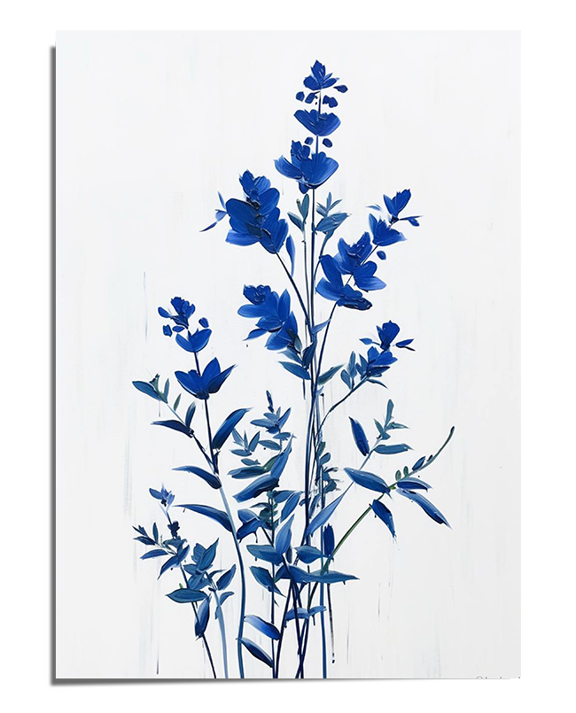 A minimalist botanical art print featuring blue flowers painted in a watercolor style against a white background. The soft brushstrokes and delicate composition create a serene and elegant aesthetic.