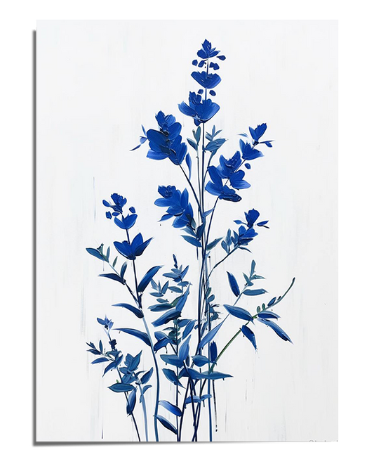 A minimalist botanical art print featuring blue flowers painted in a watercolor style against a white background. The soft brushstrokes and delicate composition create a serene and elegant aesthetic.