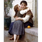 A classical oil painting depicting a young girl embracing an older sister or maternal figure while sitting on a stone ledge. The older girl, dressed in simple rustic clothing, smiles softly while looking directly at the viewer. A ripe orange rests beside her on the stone. The background features a white stucco wall with a potted plant, adding to the warm and peaceful ambiance of the scene.