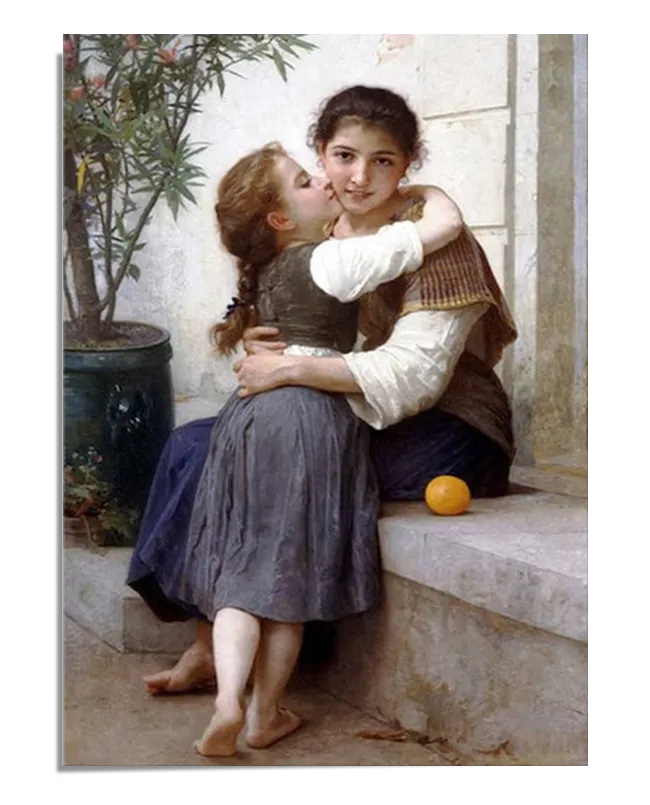 A classical oil painting depicting a young girl embracing an older sister or maternal figure while sitting on a stone ledge. The older girl, dressed in simple rustic clothing, smiles softly while looking directly at the viewer. A ripe orange rests beside her on the stone. The background features a white stucco wall with a potted plant, adding to the warm and peaceful ambiance of the scene.