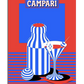 A bold, graphic-style illustration featuring a bottle and a martini glass, both decorated with blue and white vertical stripes. The background is split into red and blue geometric sections, creating a vintage pop art feel. A cocktail garnish sits on the edge of the glass, and a small striped sphere is placed beside the bottle. At the top, a rectangular label displays the word "CAMPARI" in capital letters, reinforcing the classic Italian aperitif theme.

